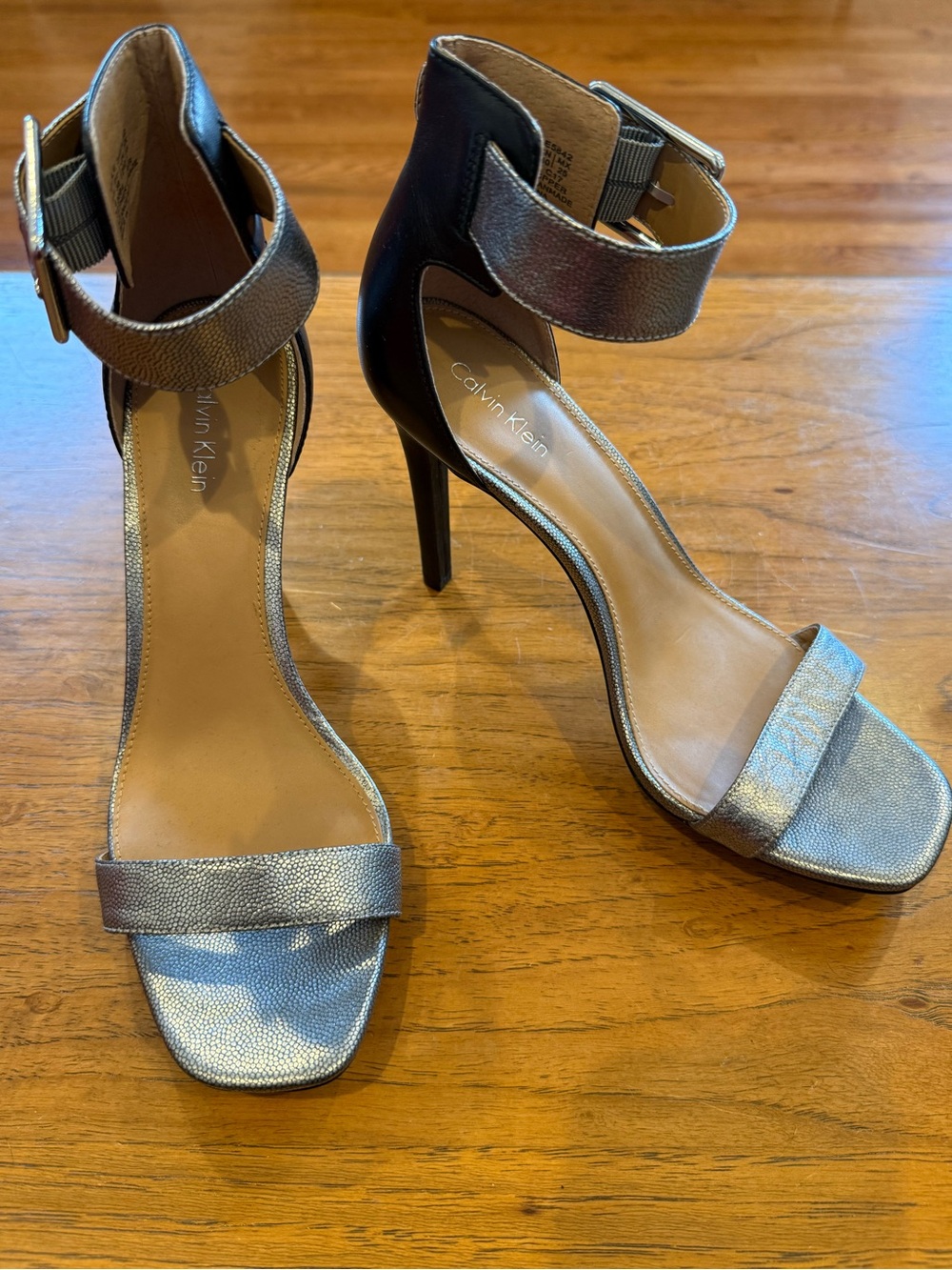 Calvin Klein Leather Black and Silver Ankle Strap Stiletto Heels